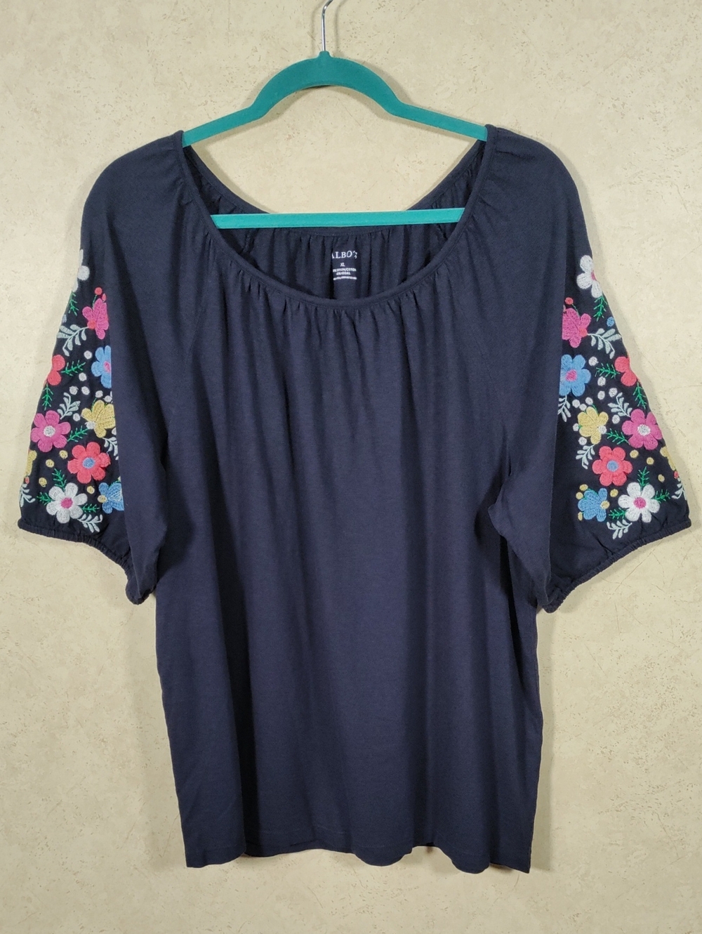 H138 Talbots Navy Short Sleeve Tee with Multicolor Floral Embroidered Sleeves